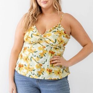 Floral Spaghetti Strap Top - Yellow and Green